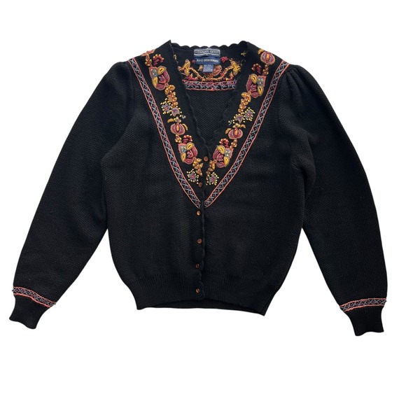 Herman Geist Sm Black Floral Hand Embroidered Wool Cardigan, Sweater Cottagecore - Picture 2 of 16
